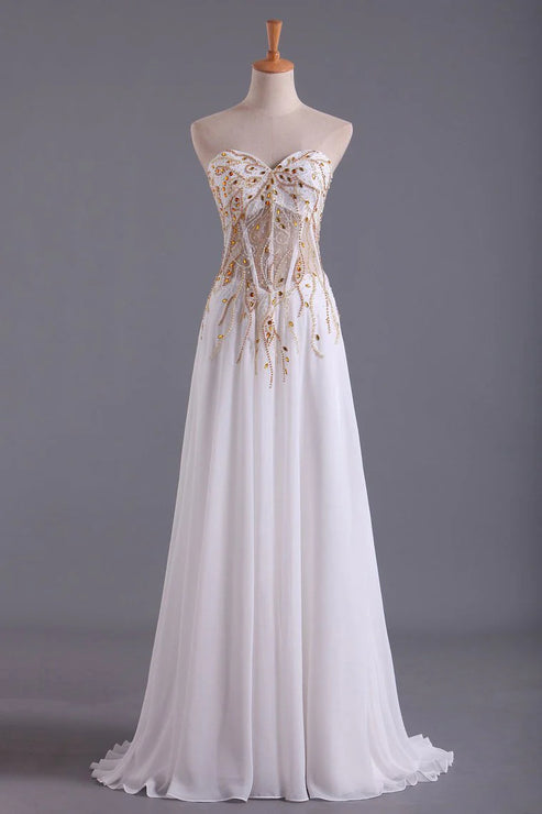 Luolandi Elegant A Line Strapless Chiffon Long Prom Dresses With Beading Floor Length Evening Dress